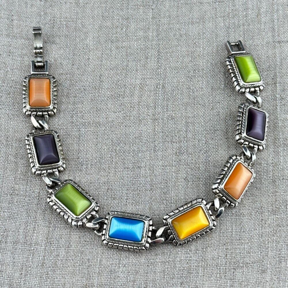 Vintage Premier Designs Silver-Tone Link Bracelet Multi Color Faux Moonstone 7"